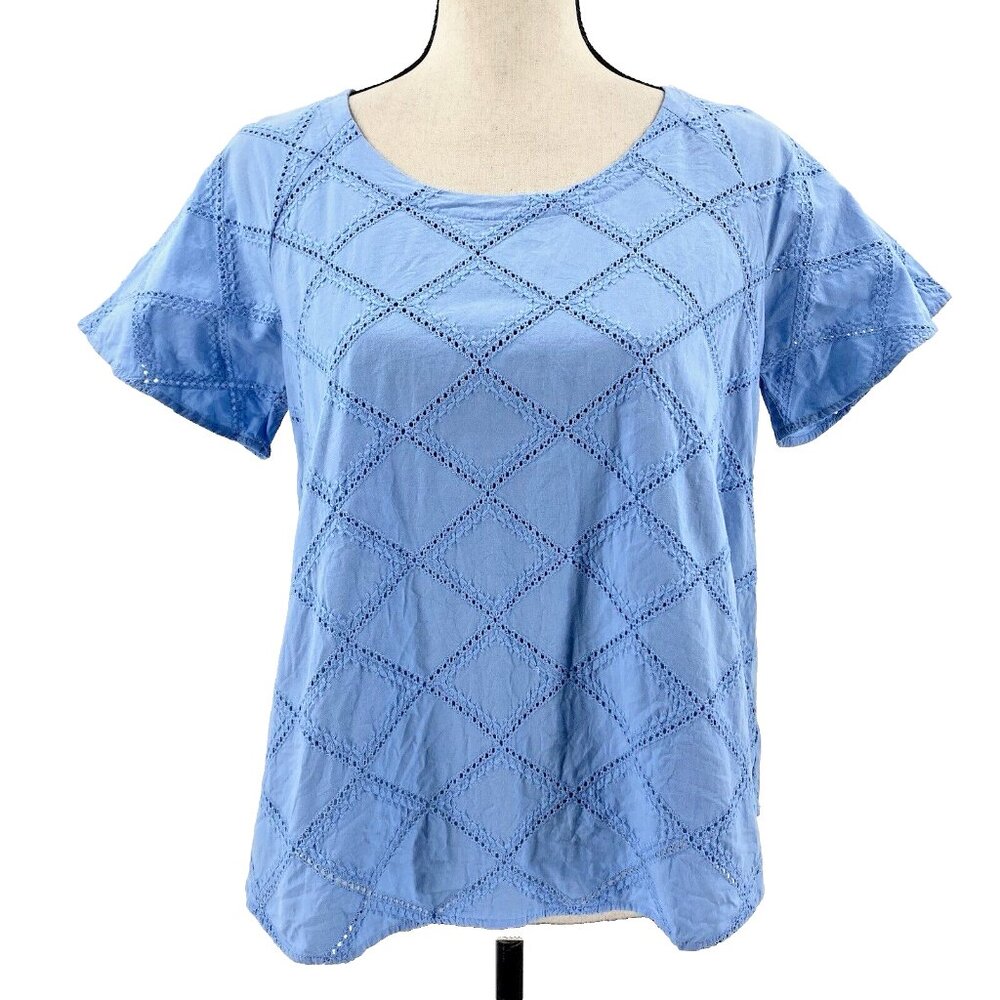 For Cynthia Blue Eyelet Blouse Top Womens S Embroidered Flutter Sleeve